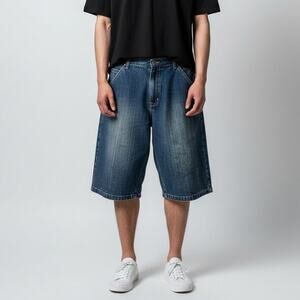 Vintage Raw Blue Men's High Rise Jean Shorts Size 40 Embroidered Denim Med Wash